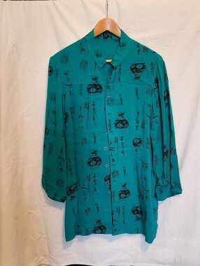 Teal Button-Up Shirt with Black Oriental Motif